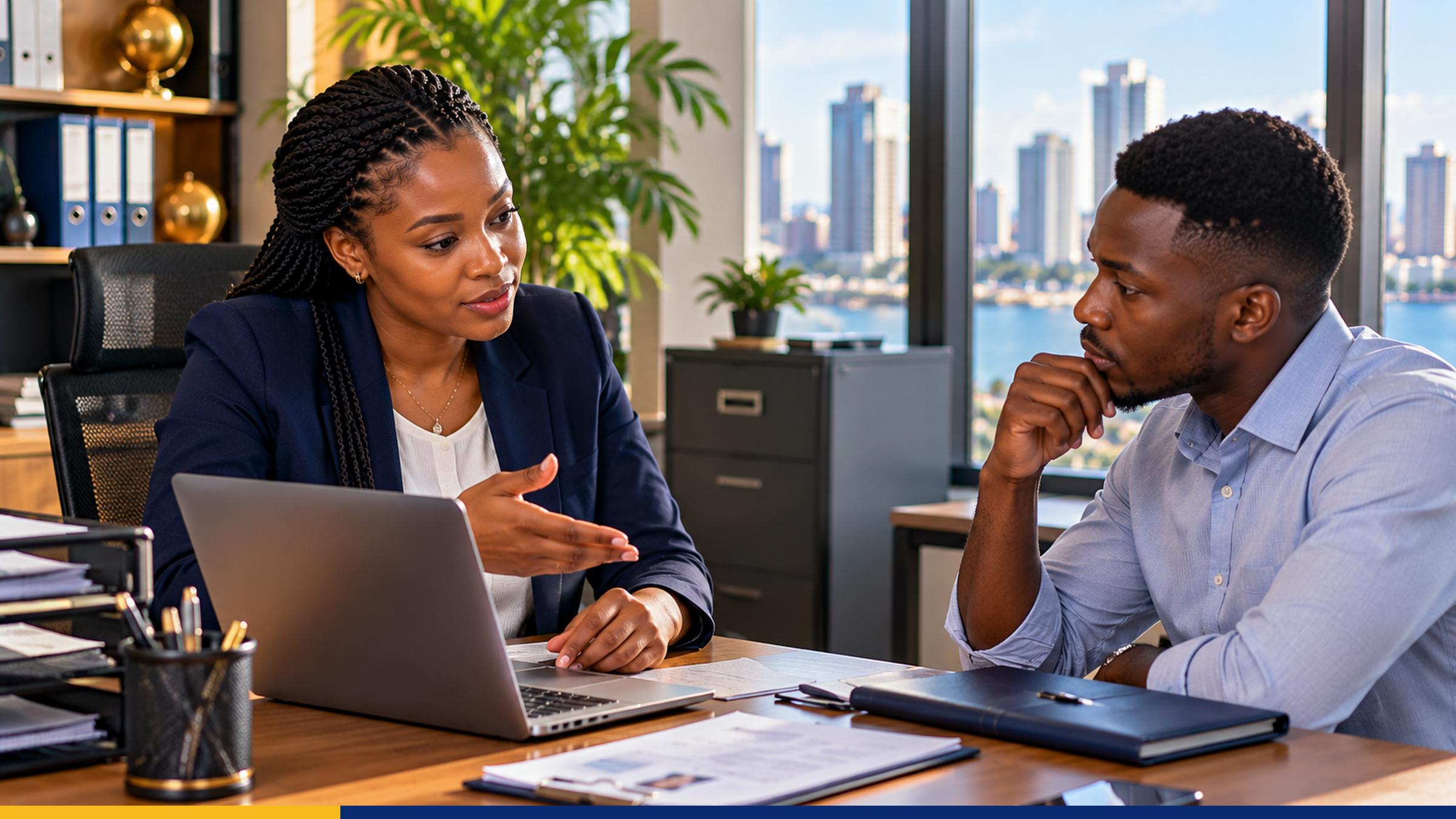 Tanzanian HR professional discussing applicant information and documents with a candidate in a private office