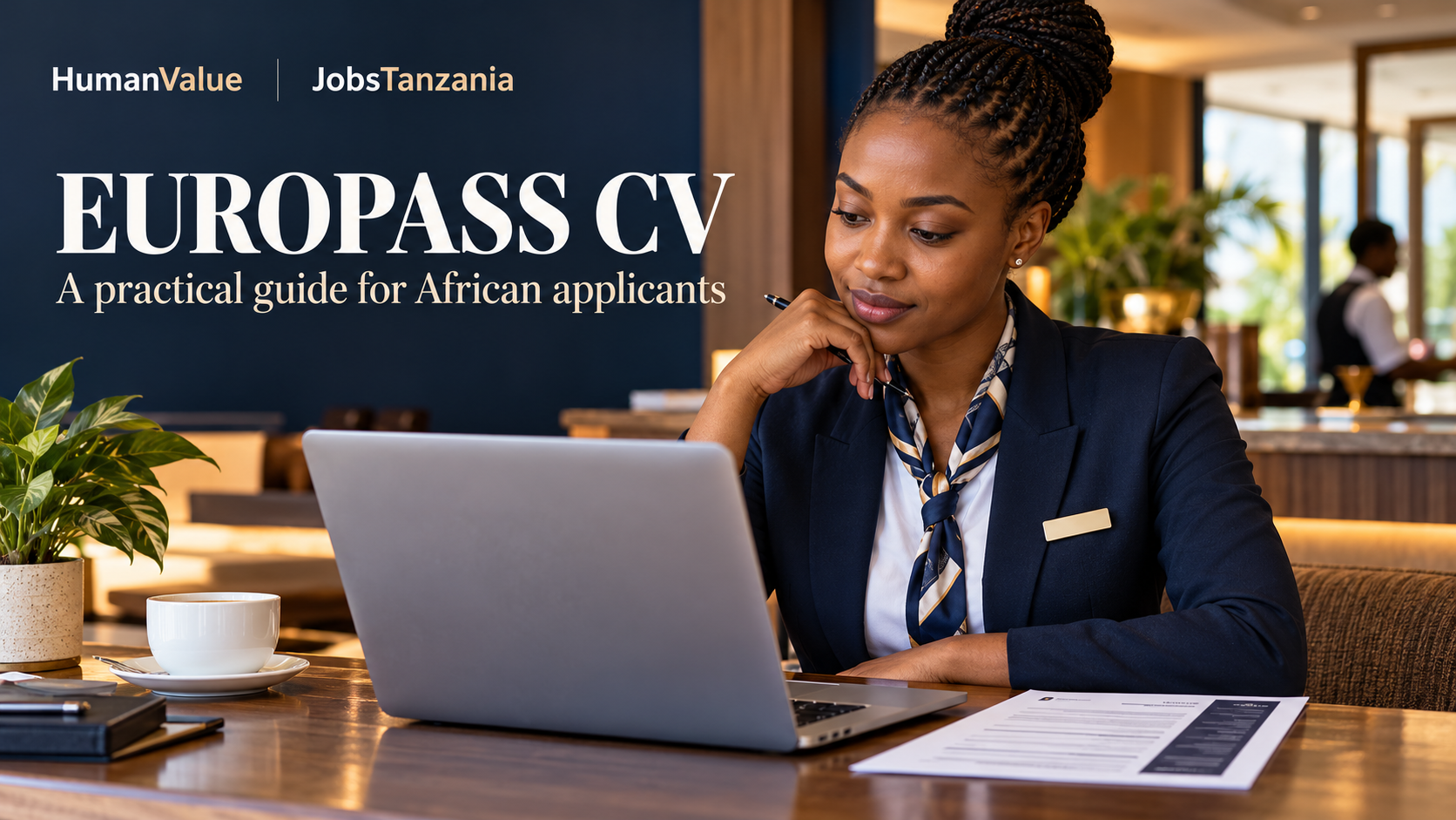 East African professional preparing a tailored Europass CV at a desk.