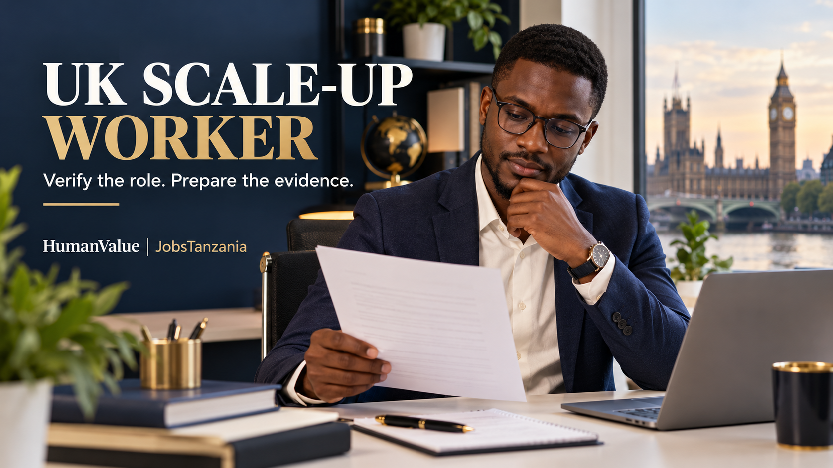 African professional reviewing a UK employment opportunity.