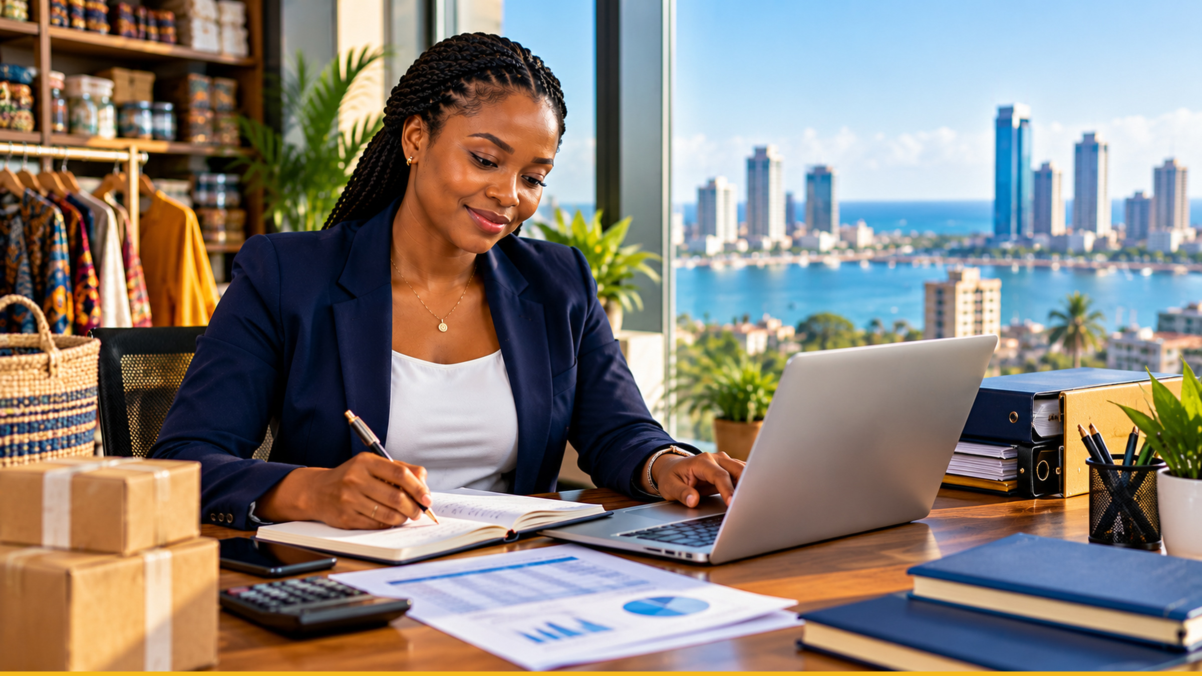 Tanzanian professional preparing work evidence and CV at a bright small-business desk