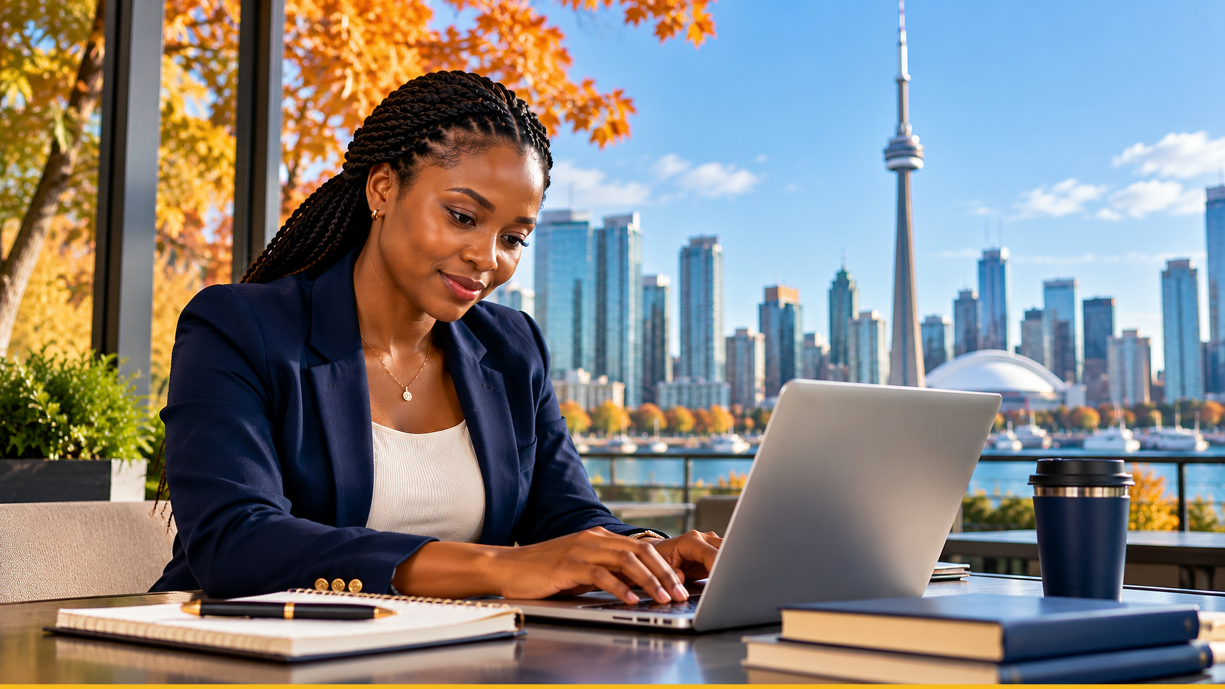 African professional researching Canadian career options with Toronto skyline in autumn