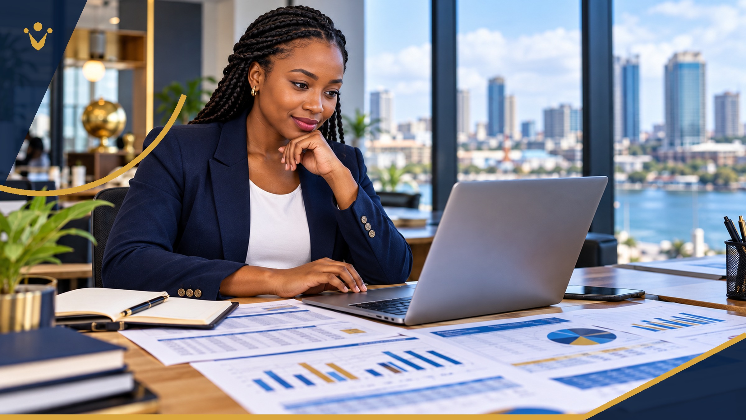 Tanzanian professional preparing Excel workplace reports at a modern office desk