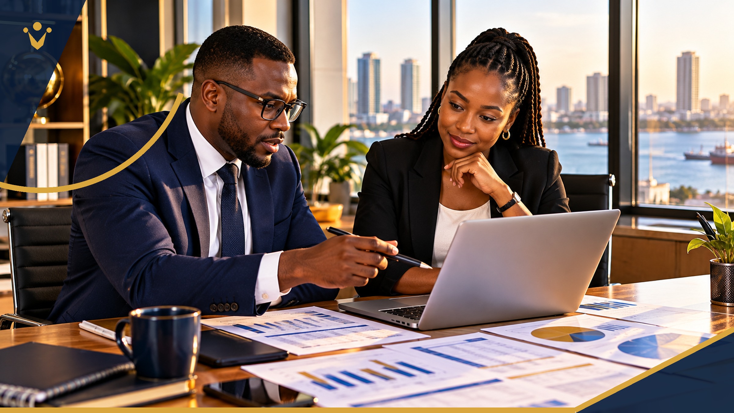 Tanzanian employer and HR professional reviewing recruitment budgets and compensation reports in an office