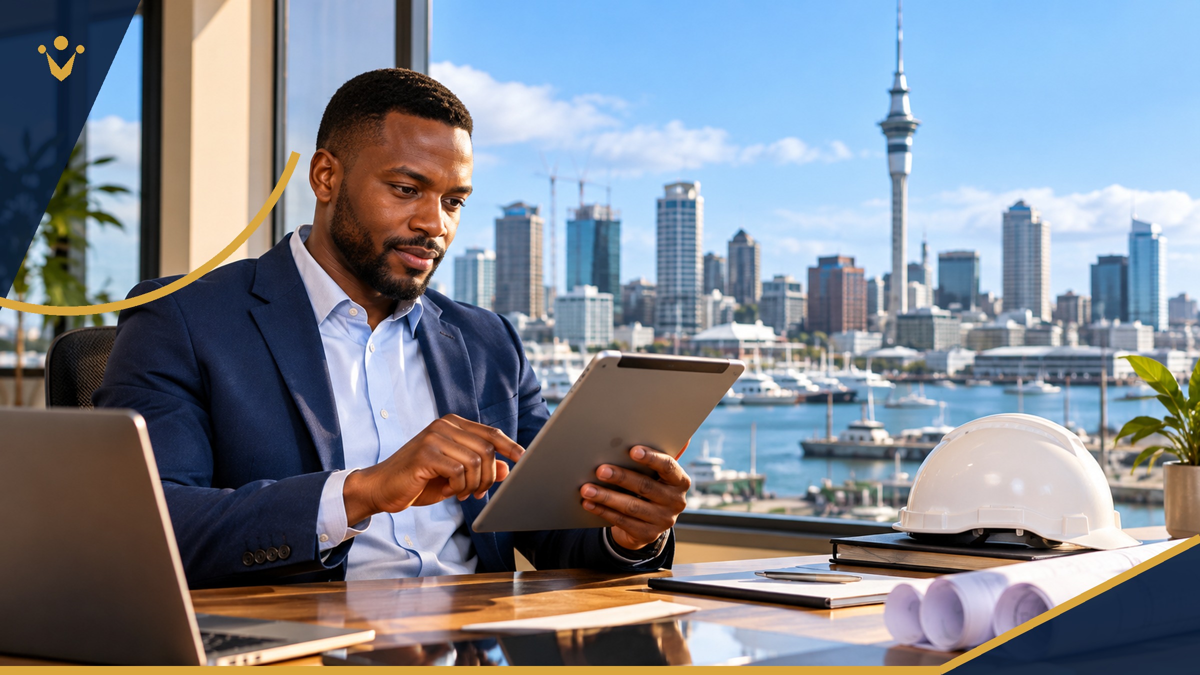 African professional reviewing career documentation in a modern office overlooking Auckland Harbour and Sky Tower