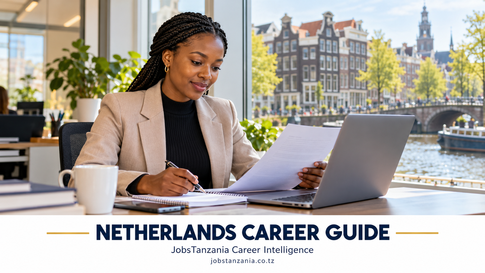 African professional preparing career documents in a Dutch office