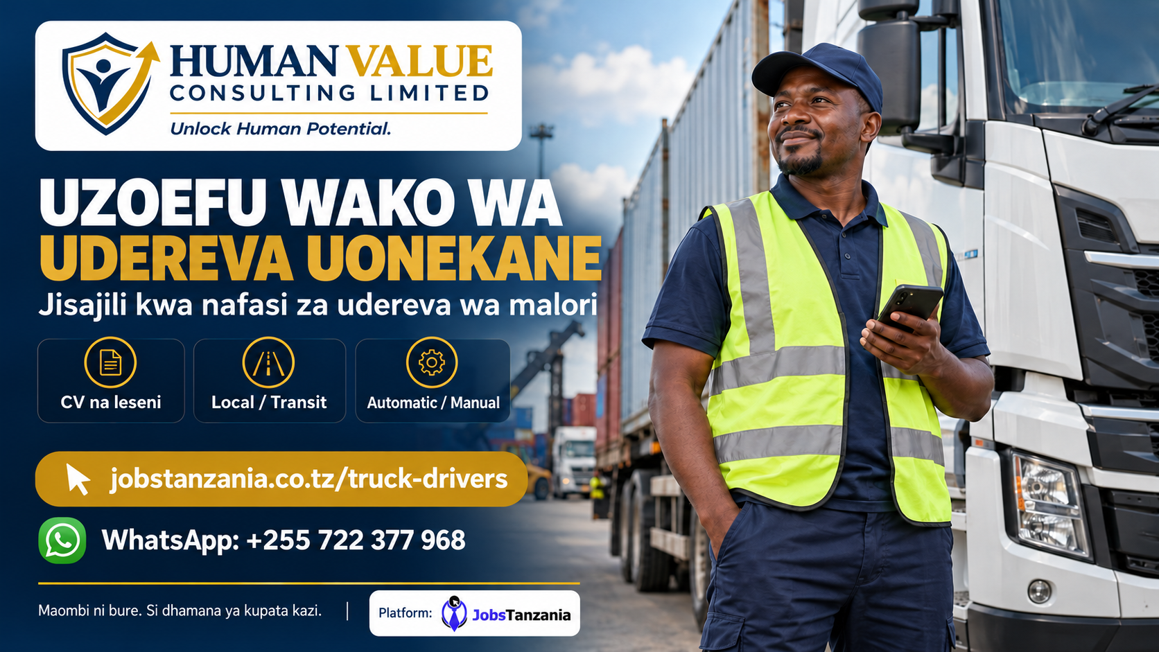 Mchoro wa kampeni ya HumanValue ukionyesha dereva wa lori mwenye simu karibu na lori katika eneo la mizigo