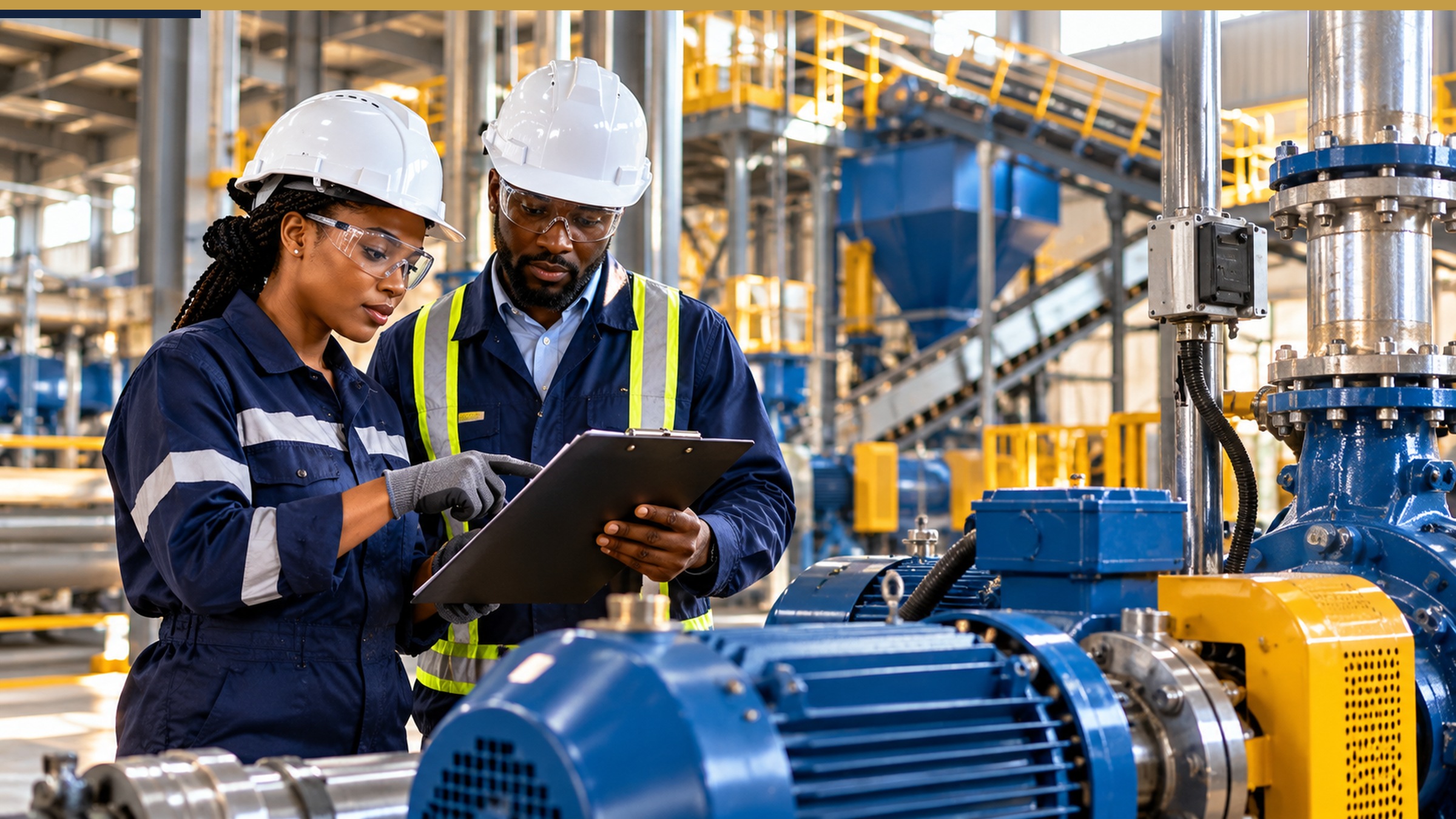 Two Tanzanian maintenance engineers examining industrial equipment and a work checklist inside a factory