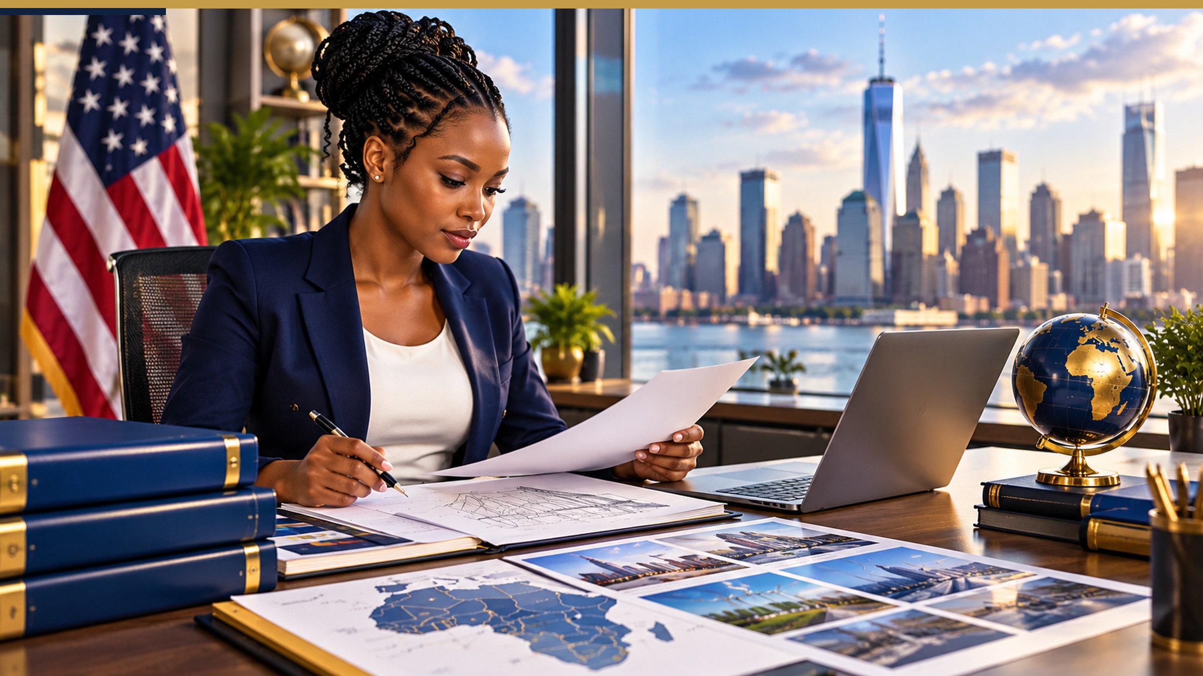African professional reviewing an evidence portfolio in a modern office overlooking an American skyline