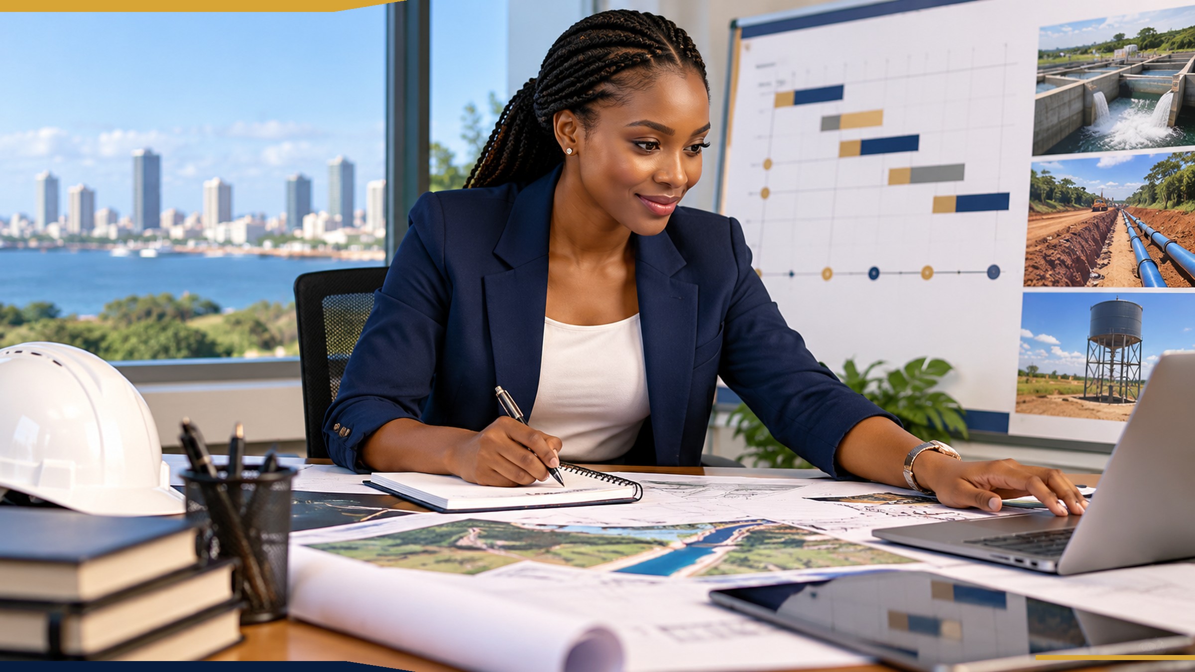 Tanzanian early-career project coordinator reviewing a delivery plan and task records in a bright office