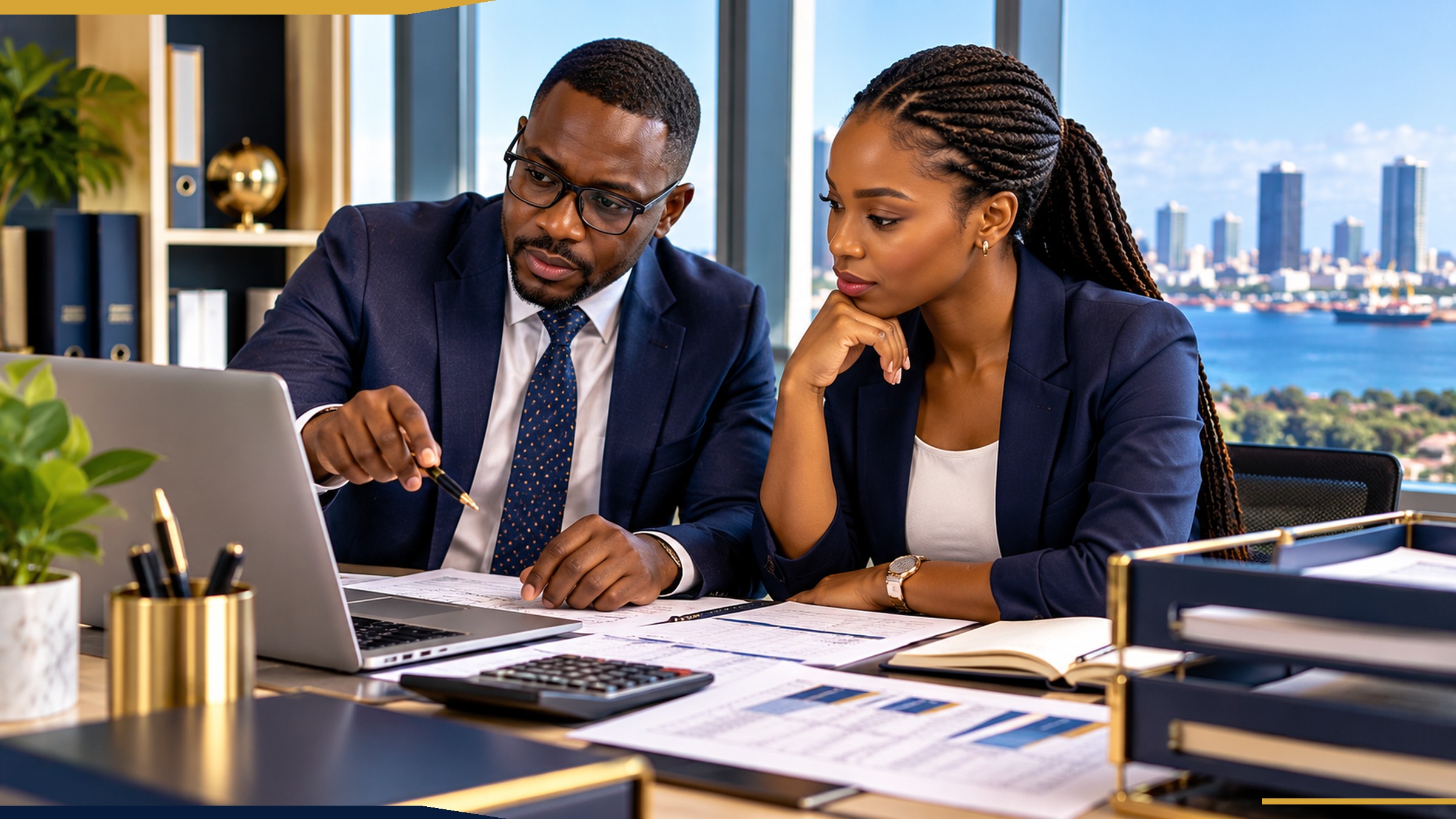 Two Tanzanian HR and finance professionals reviewing a payroll reconciliation in a private office