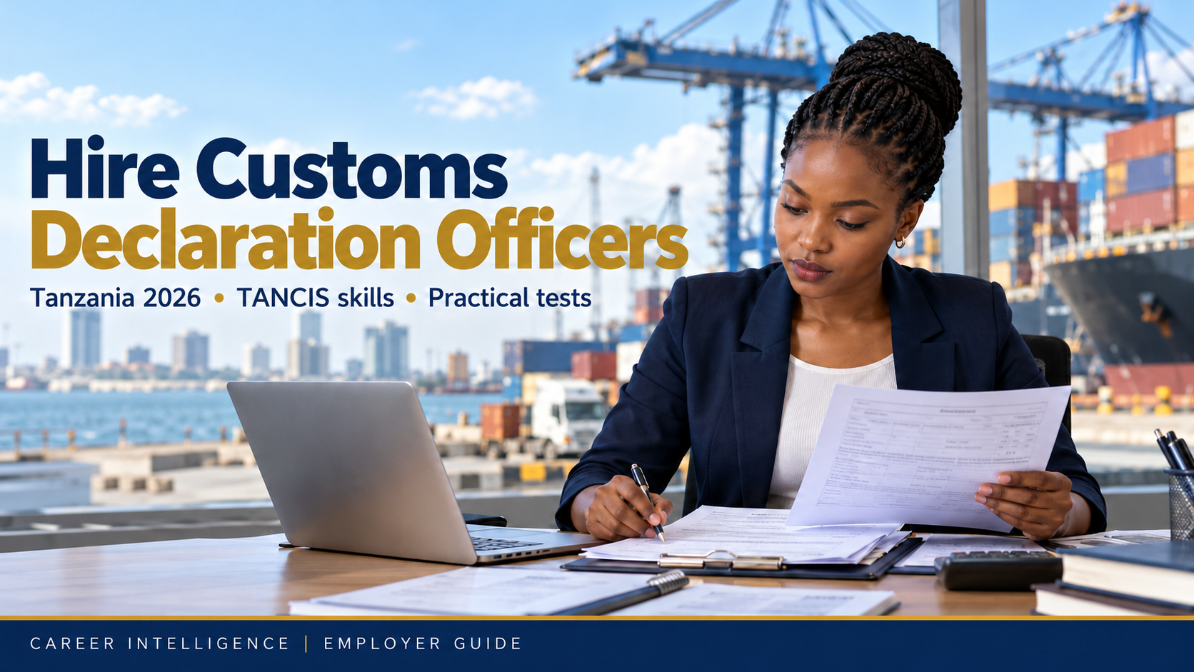 Customs documentation professional reviewing shipment records with a cargo port in the background.
