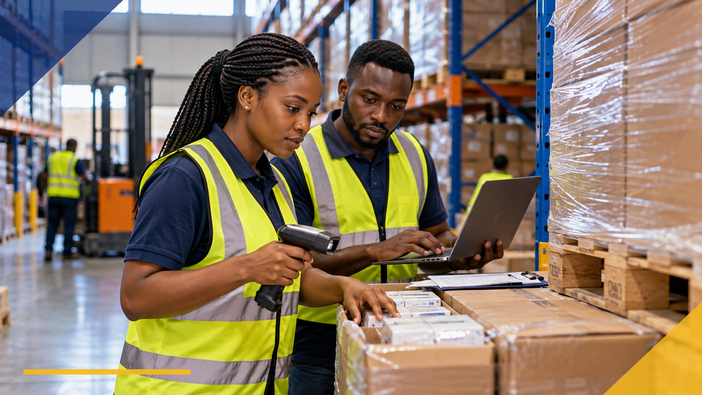 Two Tanzanian warehouse professionals reconciling goods with a barcode scanner and laptop beside warehouse stock
