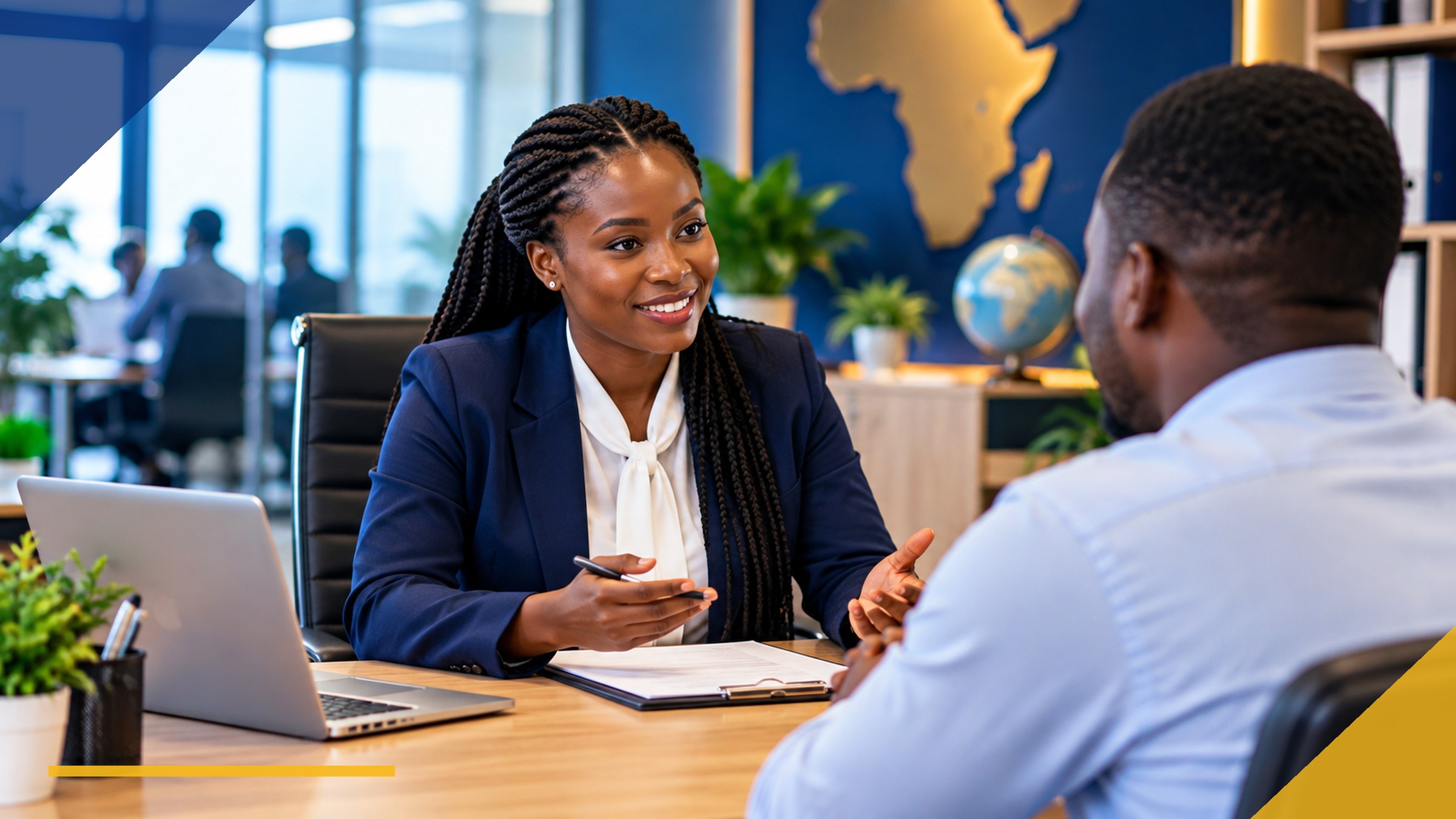 Tanzanian HR adviser discussing a customer service hiring assessment with a candidate in a professional office