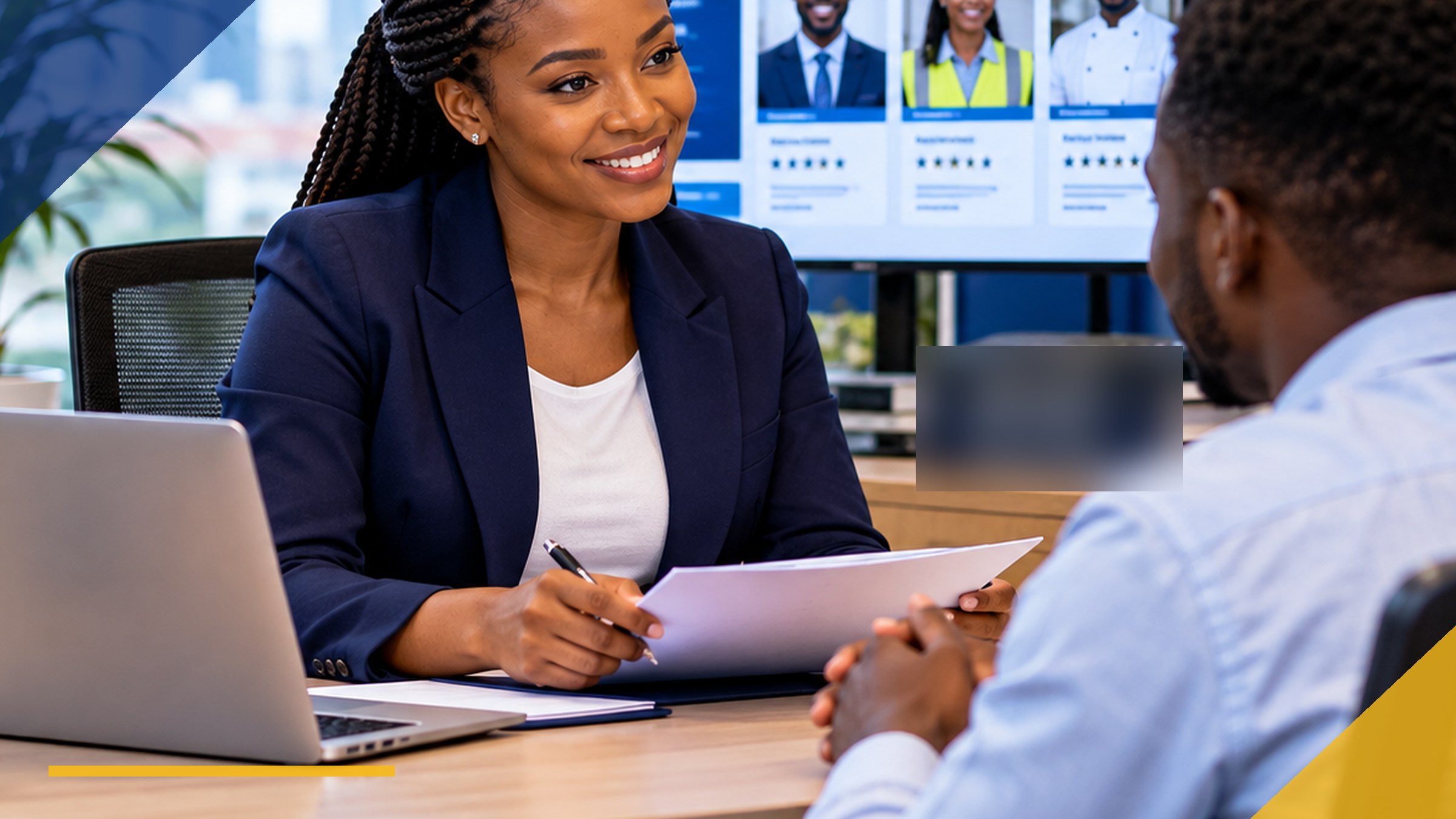 African professional discussing career evidence in a modern office with an adviser, representing global ICT career preparation