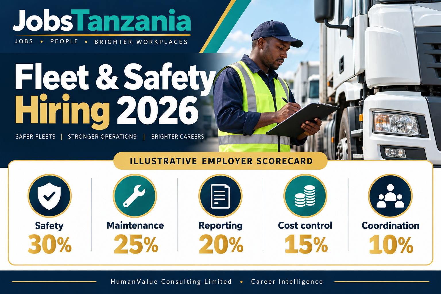 JobsTanzania fleet supervisor hiring infographic with an illustrative weighted scorecard covering safety, maintenance, reporting, costs and coordination.
