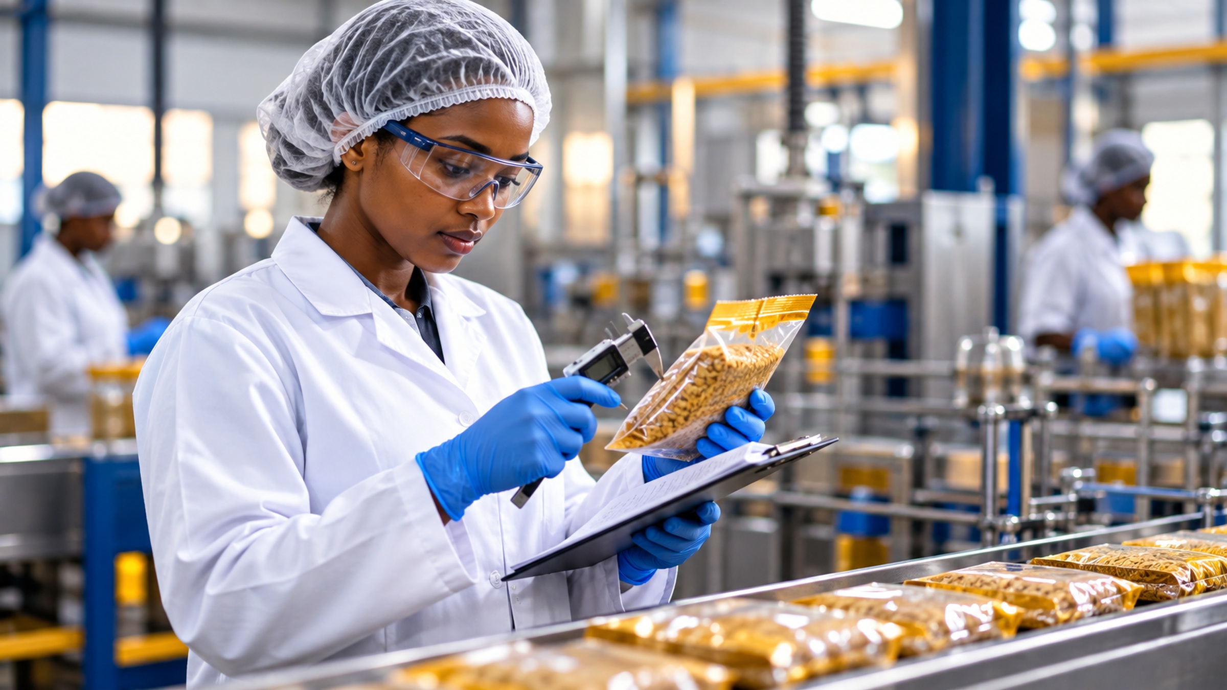 Tanzanian quality assurance inspector examining packaged products in a modern food-processing facility.