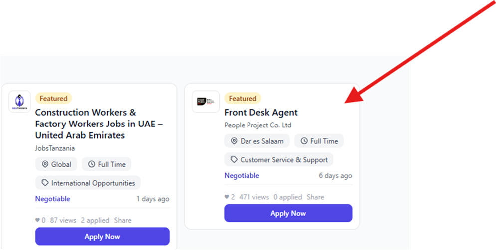 Title: JobsTanzania featured recruiter vacancy screenshot - Description: JobsTanzania featured jobs screen showing People Project Front Desk Agent listing and Apply Now button