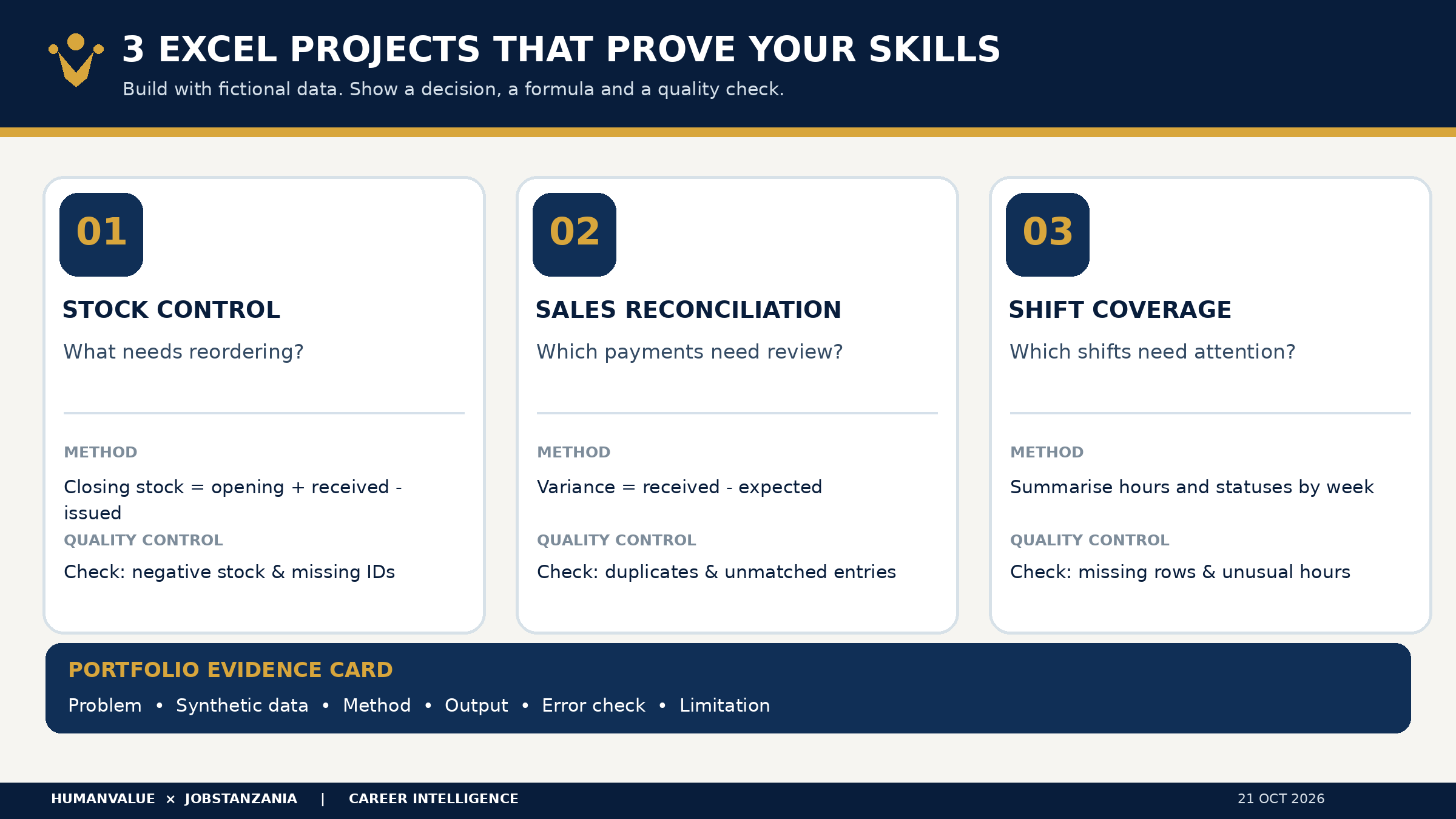 Three-project Excel portfolio framework showing stock control, sales reconciliation and attendance reporting, with evidence and quality checks