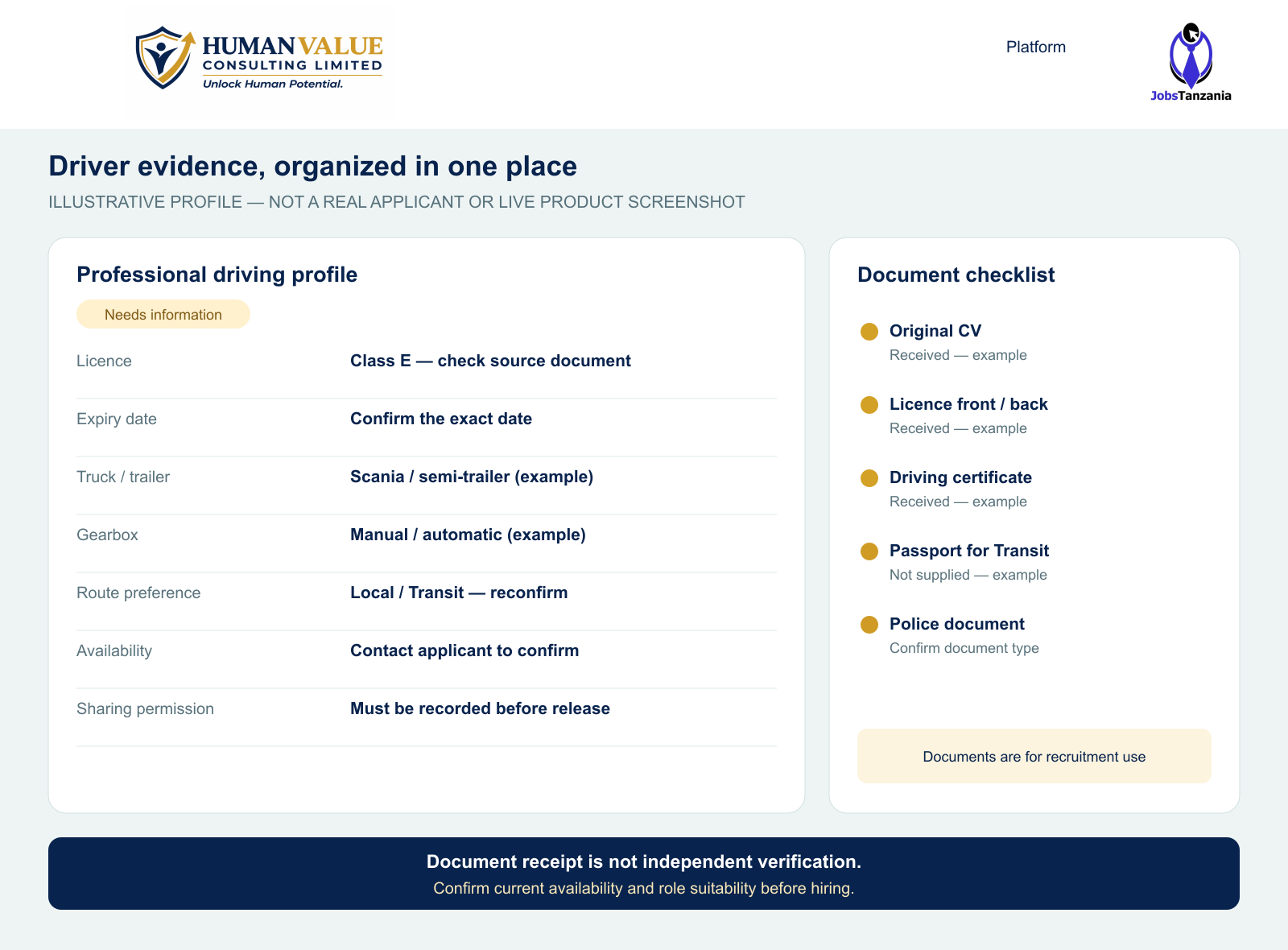 Illustrative HumanValue driver profile with driving evidence and document statuses, using no real applicant data