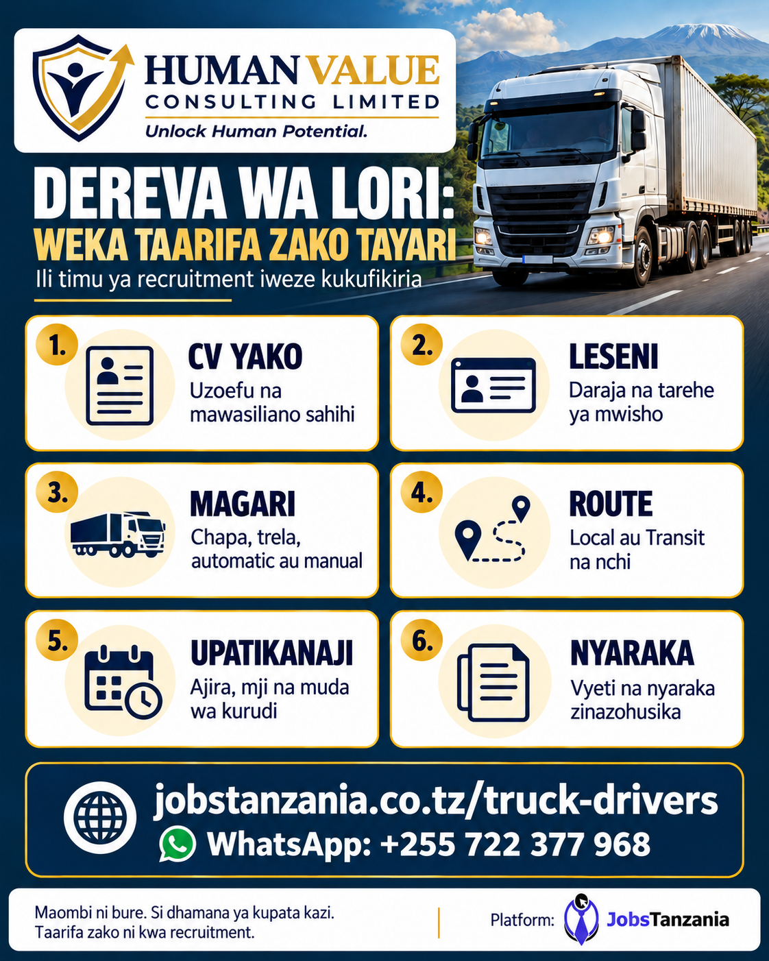 Hatua sita za kuandaa profile ya dereva: CV, leseni, magari, route, upatikanaji na nyaraka