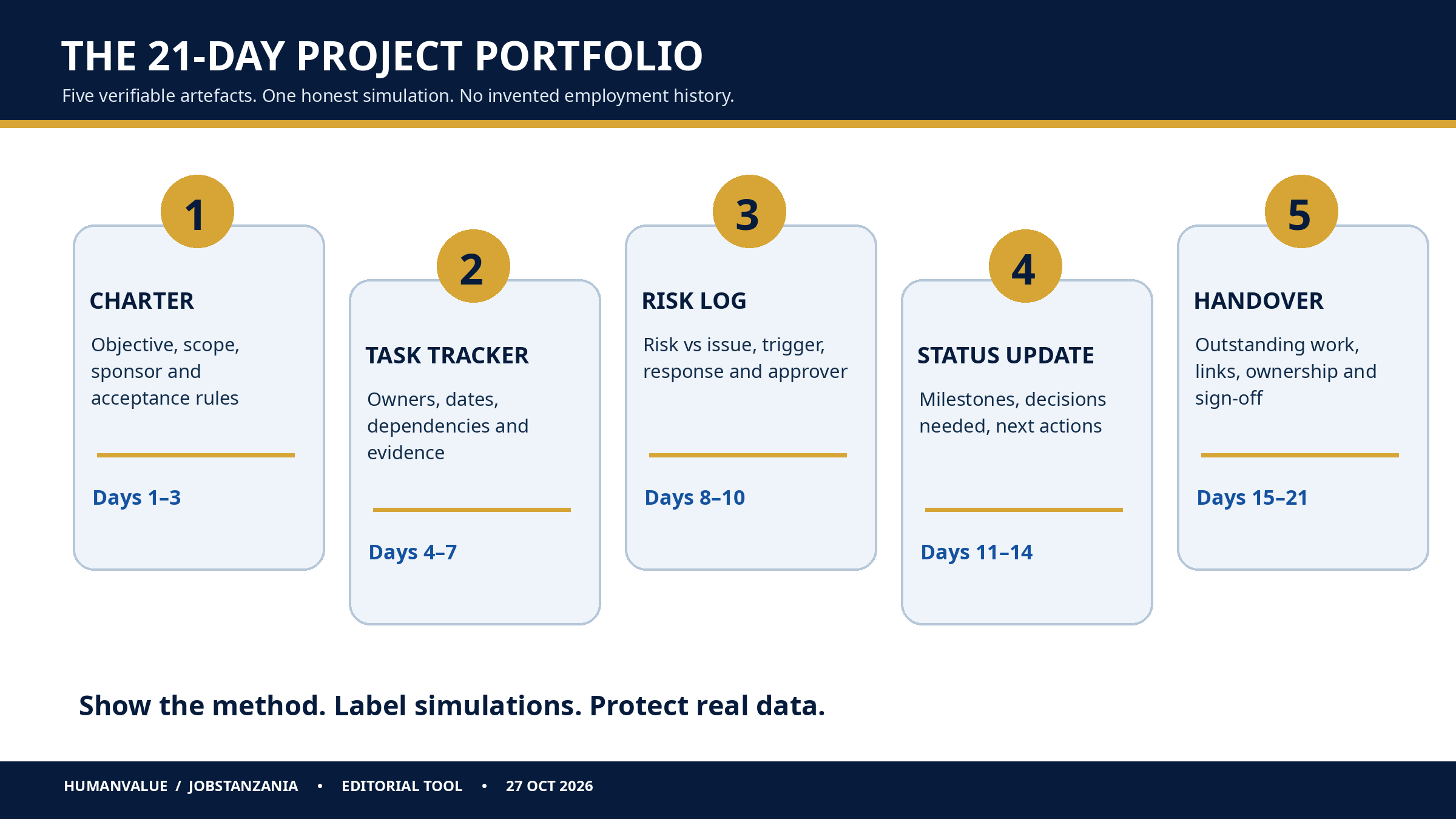 21-day project coordination portfolio roadmap: charter, task tracker, risk log, stakeholder update and evidence pack